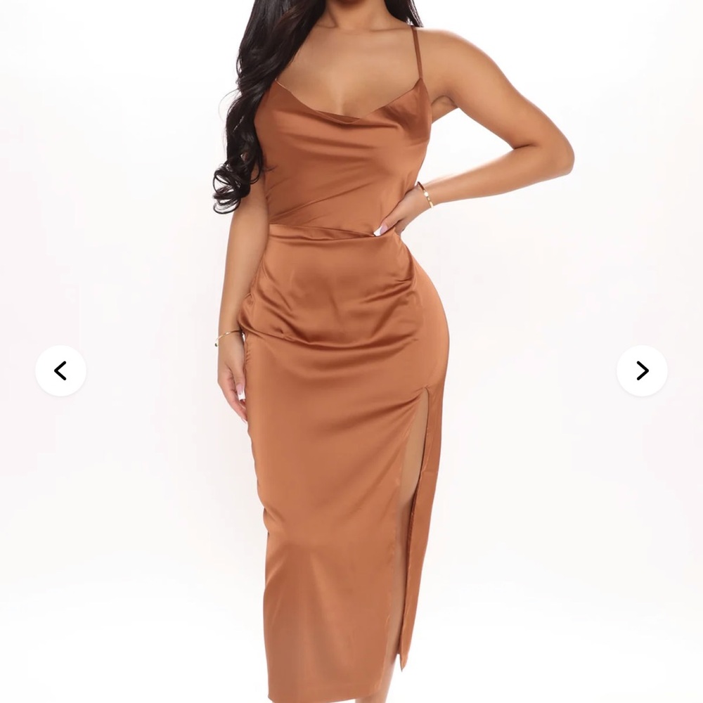 Fashion Nova Copper Satin Midi Skirt with Side Slit